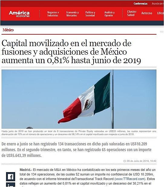 Capital movilizado en el mercado de fusiones y adquisiciones en Mxico aumenta un 0,81% hasta junio de 2019